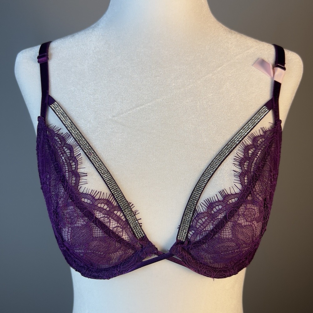 Victoria's Secret Very Sexy Shine Strap Demi Bra 34B Purple Lace Low Cut NWT